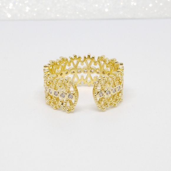 NEW CZ Hollow Wide Band Gold Plated Statement Open Adjustable Ring - Picture 3 of 7